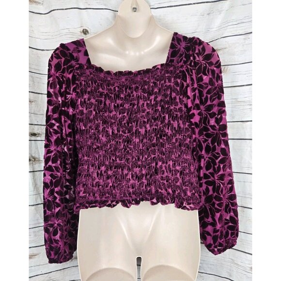 Torrid Velvet Burnout Floral Top 2 2X Smocked Maroon Whimsigoth Fairy Long Slv - Picture 6 of 8